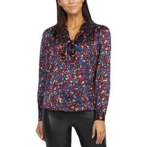 LAUNDRY BY SHELLI SEGAL WOMEN'S BEET RED CAMO FLORAL TIE-NECK BLOUSE SIZE L